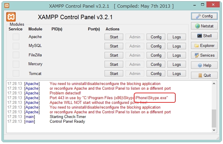 XAMPPのコントロールパネルでエラーが表示されているところ