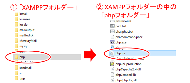 XAMPPフォルダーの中のphpフォルダーをクリックすると php.ini が見つかる