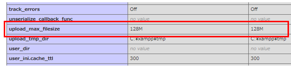XAMPPのphp情報から「upload_max_filesiz」の確認